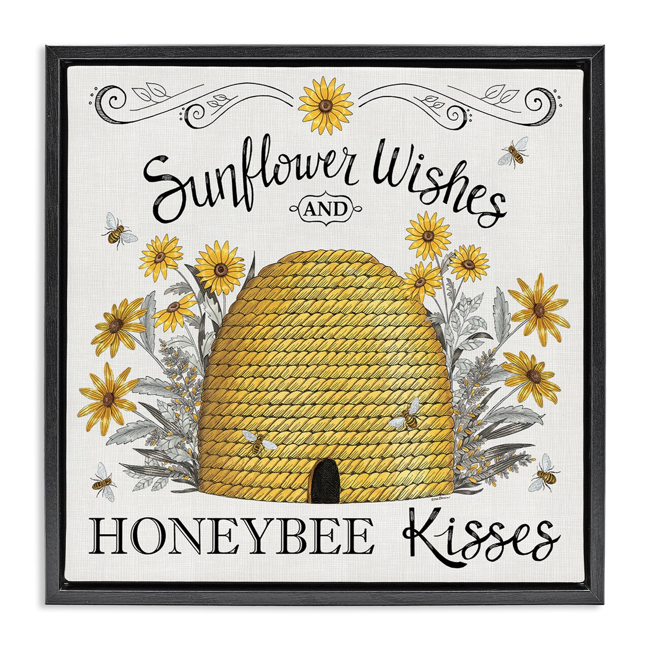 Stupell Industries Sunflower Wishes Honeybee Kisses Framed Floater Canvas Wall Art Design by Elizabeth Tyndall